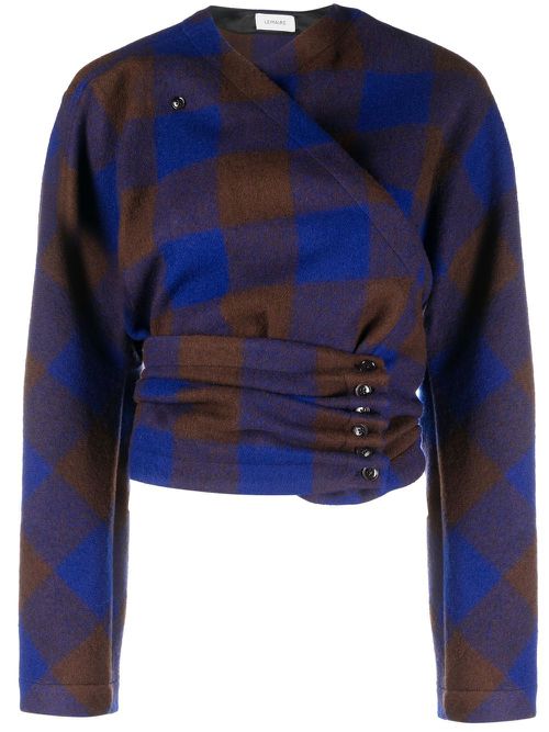Check-print wool wrap blouse - Blue