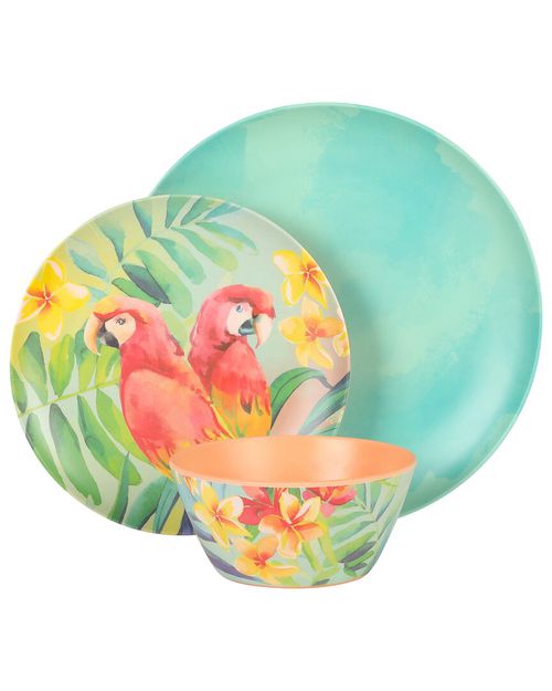 Tropical Parrots 12pc Melamine Dinnerware Set