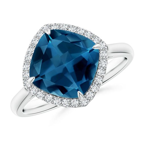 Angara 3.3 Carats Claw-Set Cushion London Blue Topaz Cocktail Halo Ring in Platinum