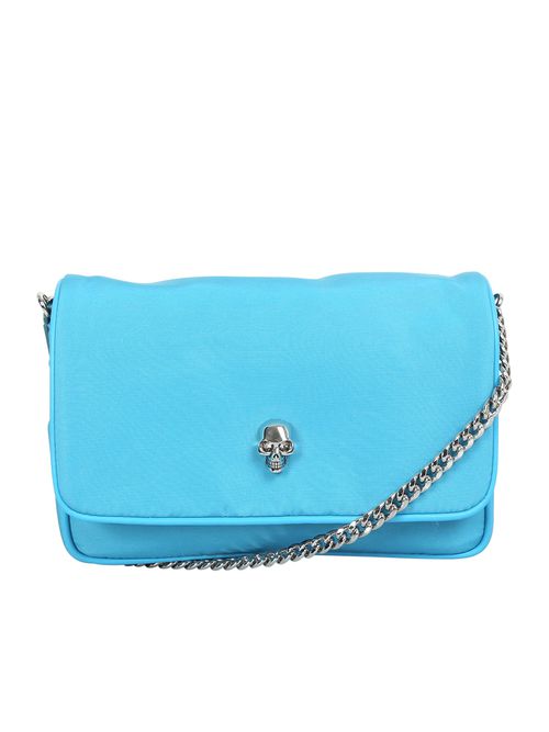 Skull Small Light Blue Shoulder Bag In Recycled Polyfaille With Skull Detail At Front And Chain Shoulder Strap