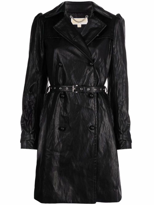 Faux-leather puff-sleeve coat - Black