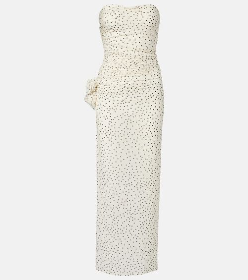Floral-appliqué polka-dot maxi dress