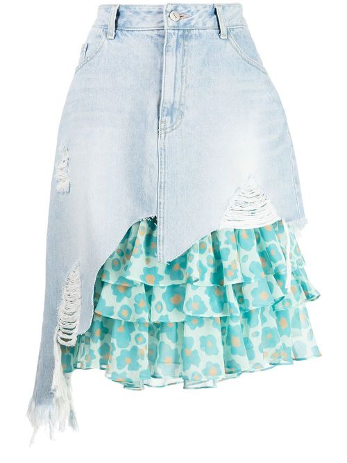 Distressed tiered denim skirt - Blue