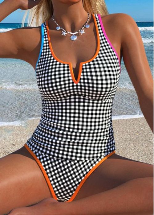 Modlily Black Mid Waisted Patchwork Gingham Print Tankini Set