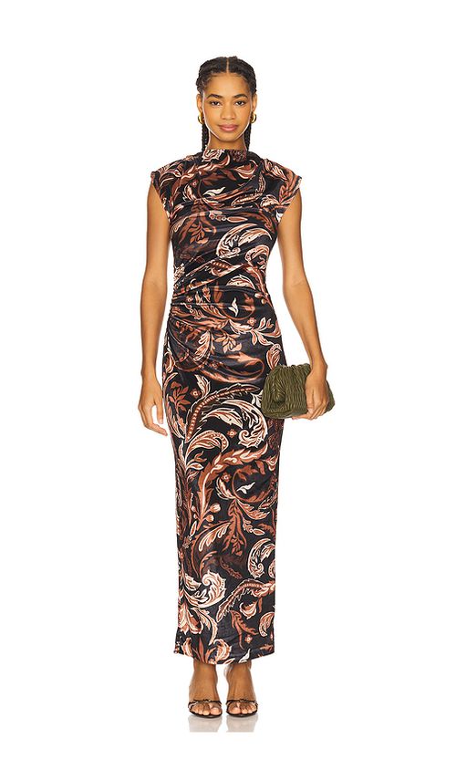 HEMANT AND NANDITA Mock Neck Midi Dress in Brown. XL also in L, M