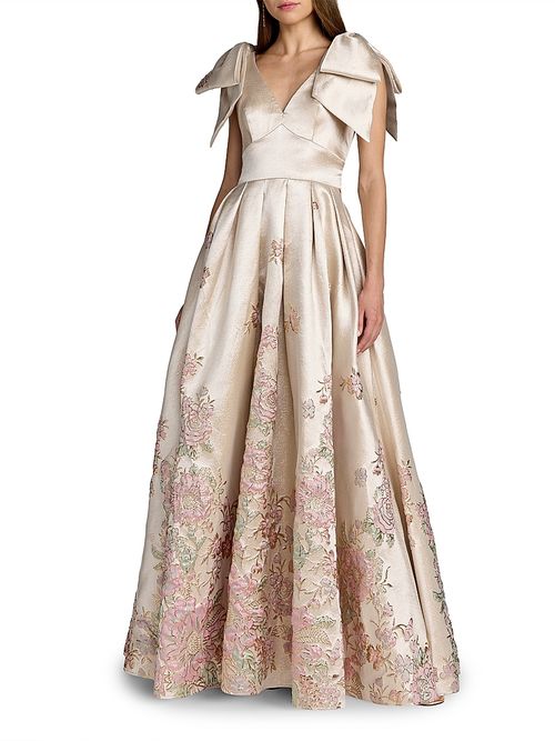 Women's Floral Brocade Bow V-Neck Gown - Champagne Multi