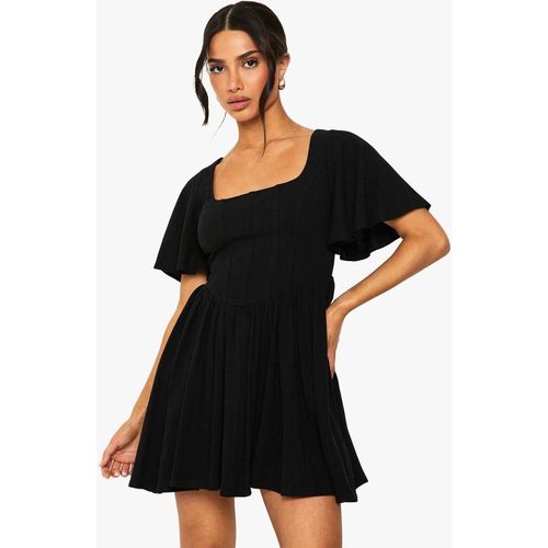 Boohoo Women's Petite Linen Mix Corset Angel Sleeve Skater Dress in Black