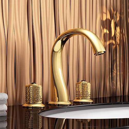 Gold Modern Bathroom Widespread Sink Faucet Double Handle Bra