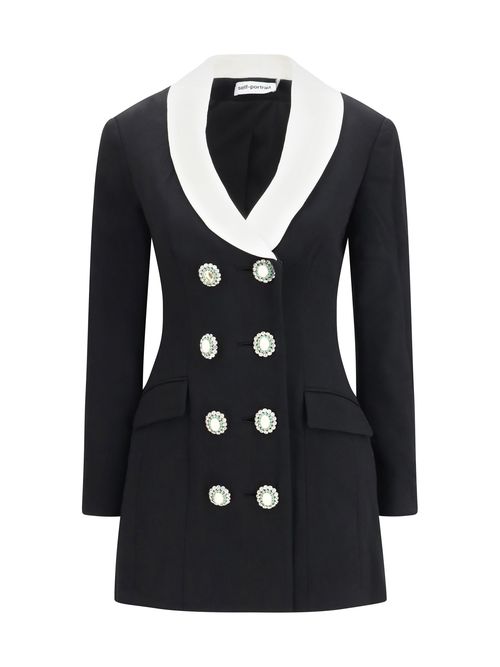 Double-Breasted Wool with Jeweled Buttons Dress — Black