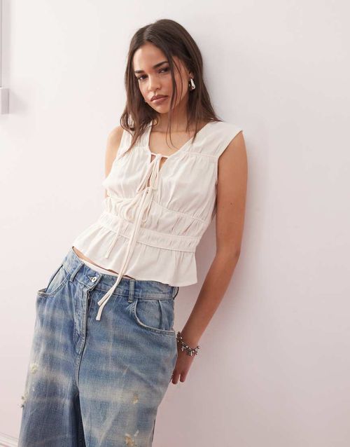 Reclaimed Vintage tie front top in ecru linen blend-Neutral
