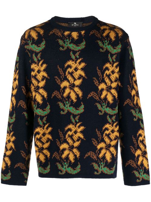 Floral intarsia-knit wool jumper - Blue