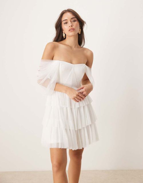Off the shoulder corset tulle mini dress in ivory-White
