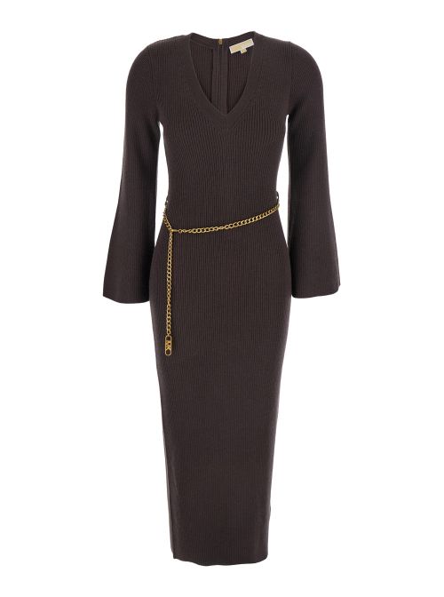 Wool-Blend V-Neck with Chain Belt Dress — Brown