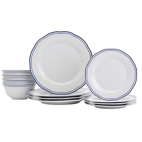 Tabletops Gallery Vintage 12-Piece White with Blue Stripes Embossed Porcelain Dinnerware Set