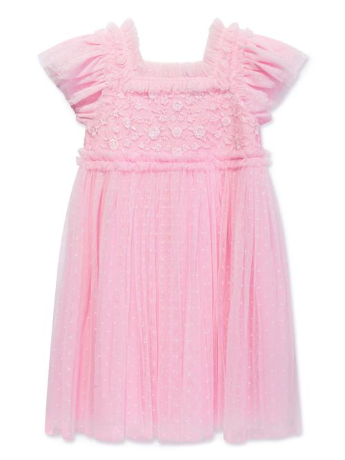 Floral-embroidered tulle dress - Pink