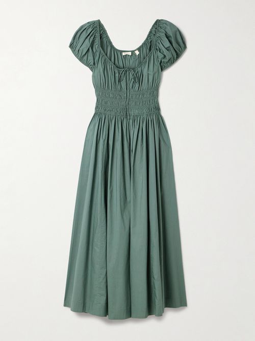 Quinn Tie-detailed Shirred Organic Cotton-poplin Midi Dress