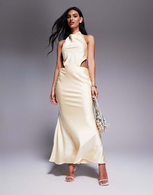 maxi satin dress with back cowl - lemon 4th & Reckless satin cowl neck lace back maxi dress in lemon