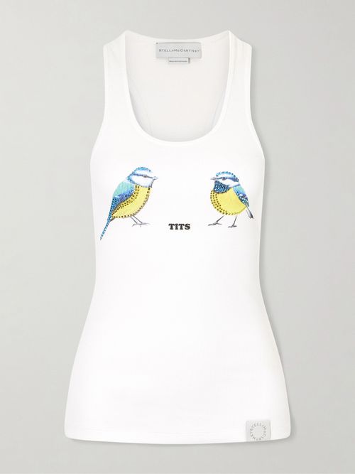 Hot Fix Crystal-embellished Printed Ribbed Stretch-cotton Tank