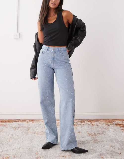 Jannel rhinestone high waist loose fit jeans in light blue