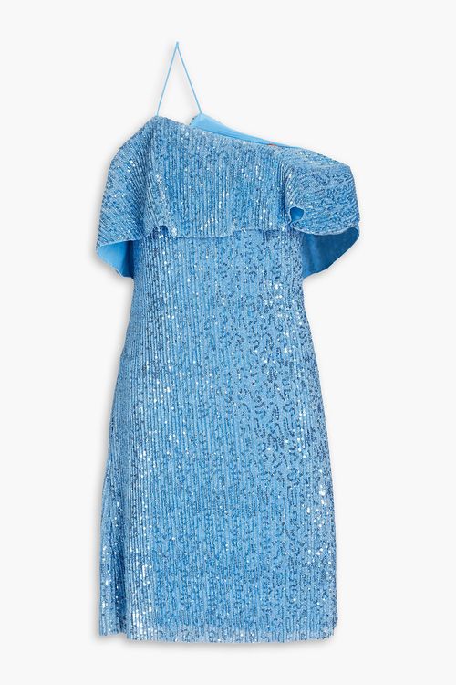 One-shoulder metallic sequined mesh mini dress
