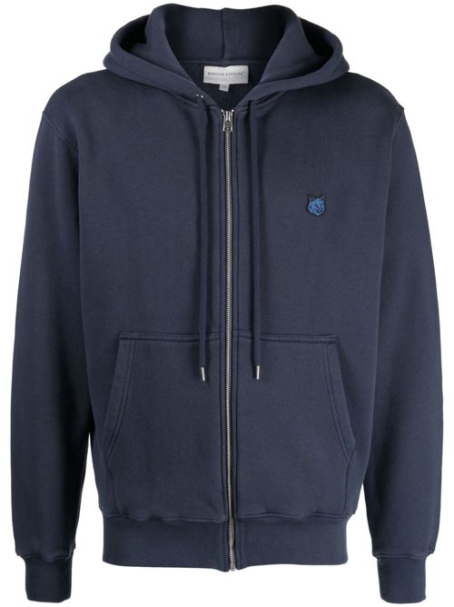 Fox-patch cotton drawstring hoodie - Blue