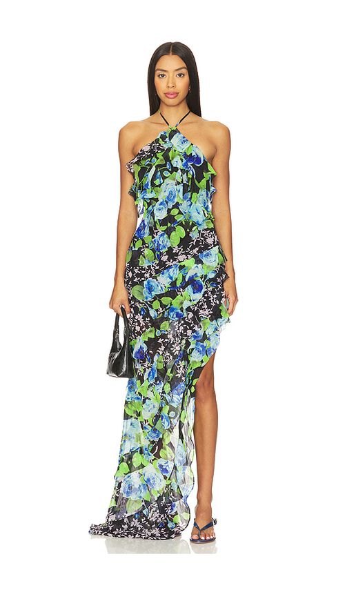 ELLIATT Briony Asymmetrical Maxi Dress in Blue,Green. XS. Also in L, M, S