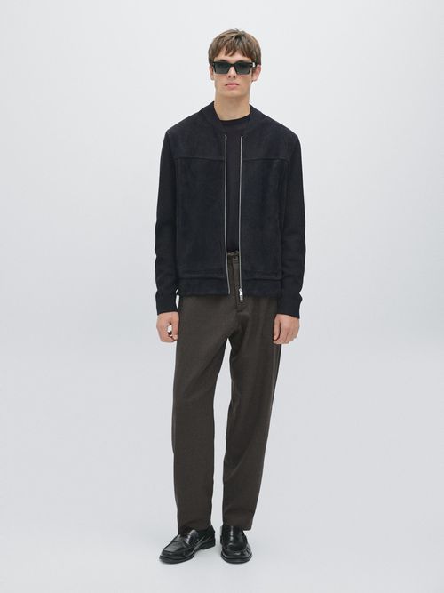Wool And Suede Leather Blend Bomber Jacket - Navy Blue