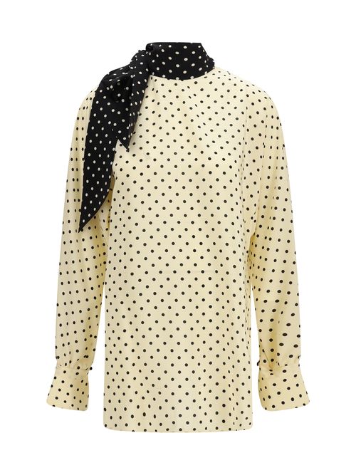 Polka Dot with Side Bow Blouse — Beige