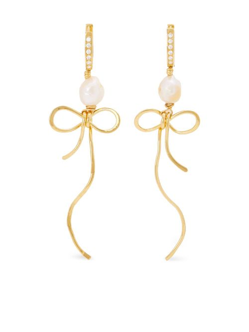 Pearl bow drop earrings - Gold