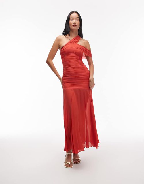 & mixed fabric maxi dress with asymmetric off shoulder and sheer hem in dark red