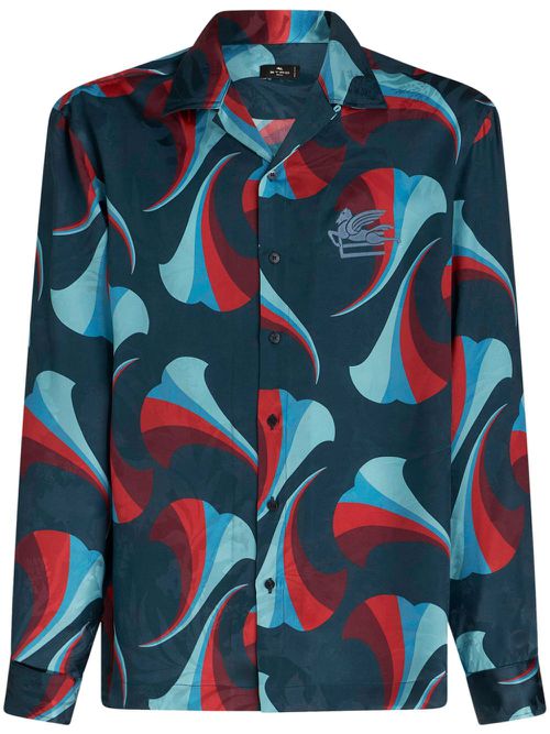 Floral-print silk bowling shirt - Blue