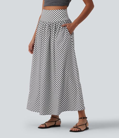 High Waisted Stripe Maxi Casual Flowy Skirt with Pockets  - Mono Stripe