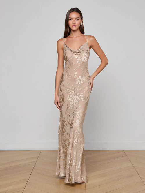 Christine Burnout Satin Gown In Feather Grey