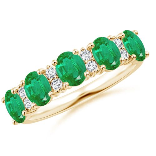 Angara 1.5 Carats Five Stone Emerald and Diamond Wedding Ring in 14K Yellow Gold