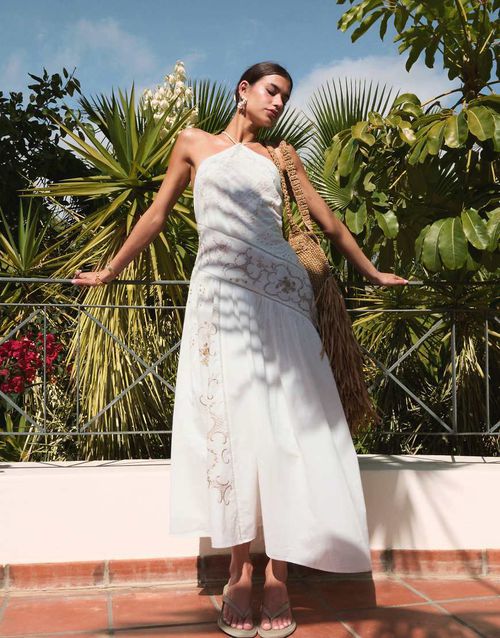 Halter tonal spliced maxi dress with asymmetric panels in ivory-White
