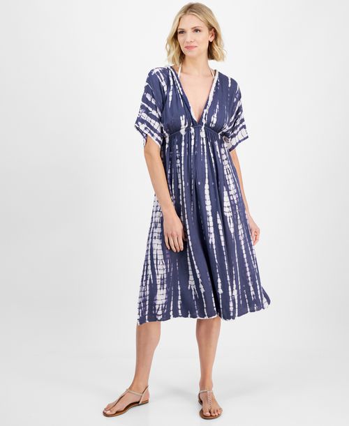 Women's Tie-Dyed Braid-Trim V-Neck Cover-Up Dress - Navy Tie Dye