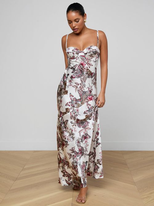 Sayla Silk Gown In White Multi Large Butterfly Jungle