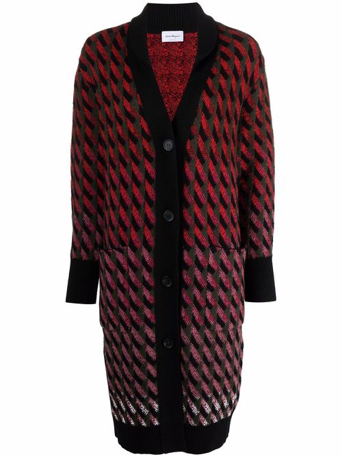 Intarsia-knit cardi-coat - Red