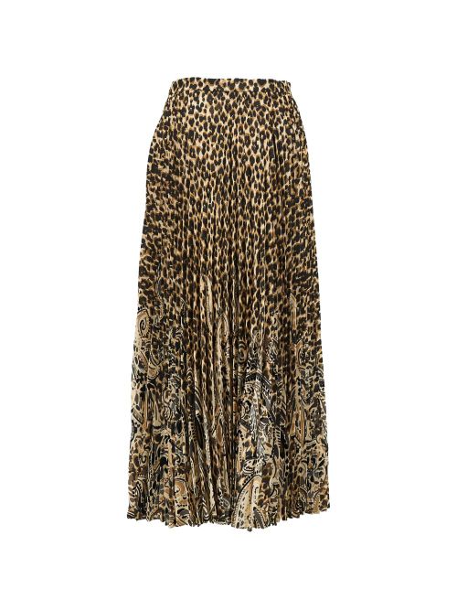 Mixed Print Pleated Skirt — Brown