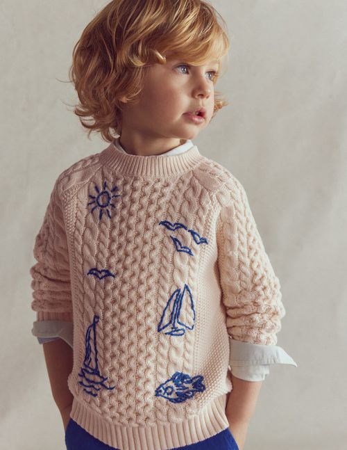 Boys Cable Embroidered Sweater in White | Size 2-3 Years