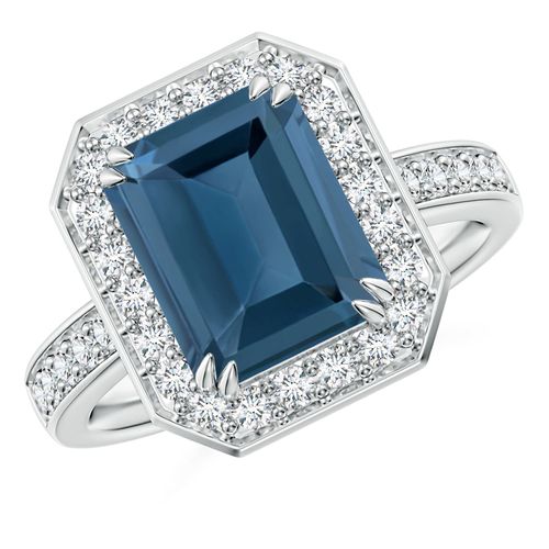 Angara 4.0 Carats Emerald-Cut London Blue Topaz Engagement Ring with Halo in Platinum