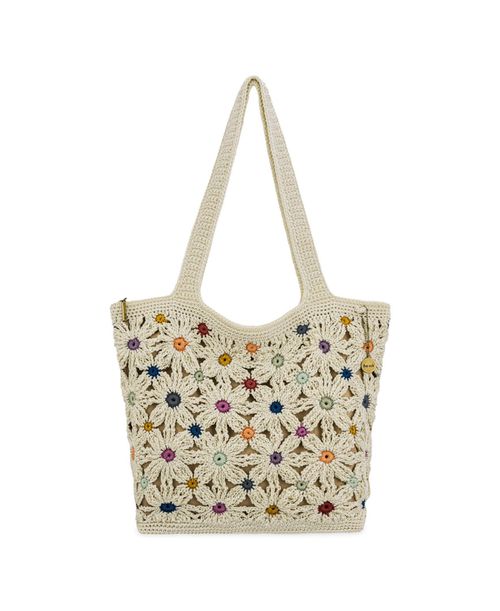 Classic Large Crochet Carryall Tote Bag - Natural Multi Flower