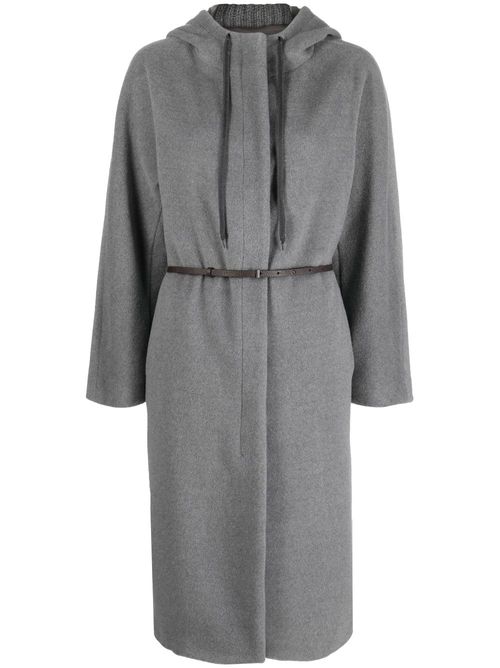 Drawstring-hood belted midi coat - Grey