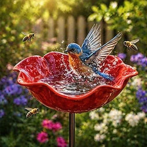 Handmade Metal Flower Garden Stake with Bird Bath pollinator Water Station, Bee Bath for Garden Metal Bee Water Feeder with Flower Design for Outdoor Yard Dec