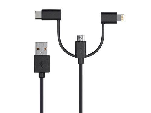 Essential Apple MFi Certified 3-in-1 Multiport USB to USB Micro USB-B + USB-C + Lightning Charging Cable - 3ft  Black