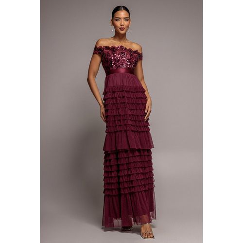 Goddiva Scallop Bardot Ruffle Mesh Maxi - Burgundy