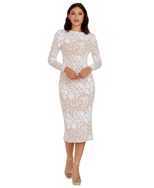 DRESS THE POPULATION | Emery Women's Sequined Bodycon Midi Dress - White- nude | Realry