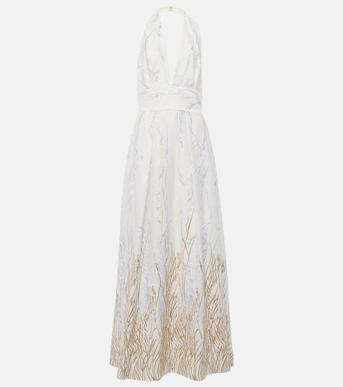 Embroidered halterneck cotton-blend gown