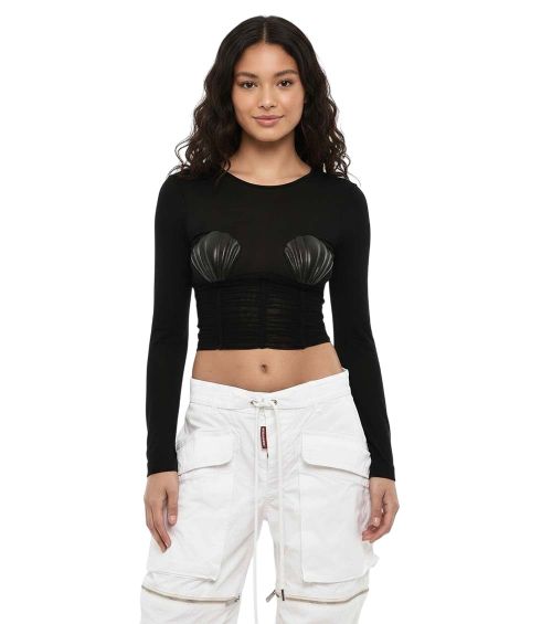 Black Embellished Crew Neck Top