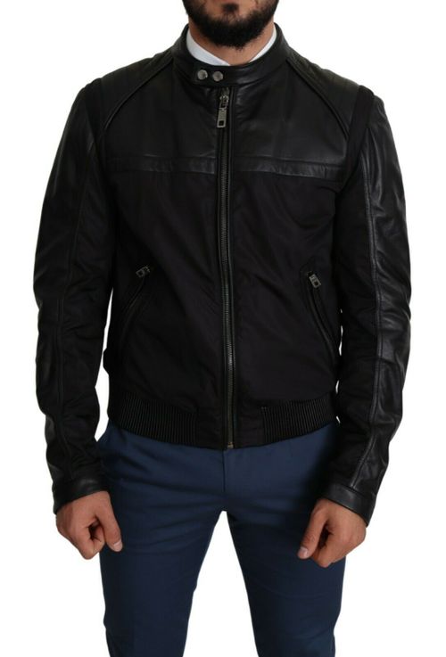 Leather-Trimmed Nylon Bomber Jacket — Black